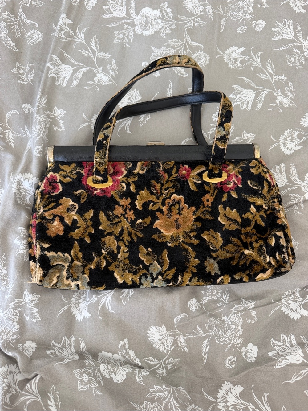 Vintage Floral Velvet Top-Handle Bag in Black and Gold